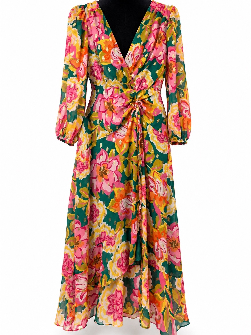 Donna Morgan Floral Wrap Maxi Dress in Green and Pink